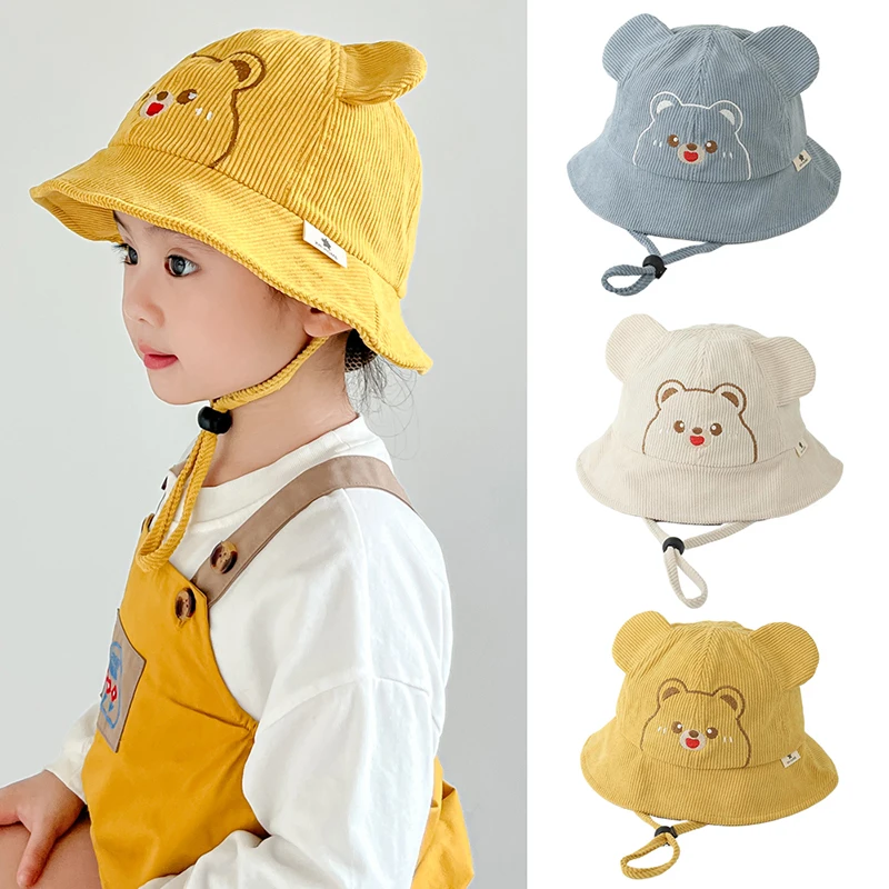 

Вельветовая детская шапка с милым медведем, панамы с вышивкой, осенняя шапка в рыбацком стиле для девочек и мальчиков с регулируемой ветрозащитной веревкой, От 2 до 5 лет