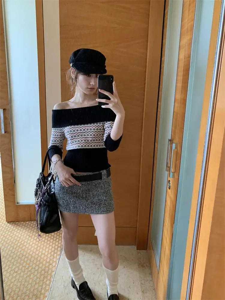 بلوفرات نسائية مخططة بألوان متباينة سترة نسائية مخططة بقصة ضيقة ورقبة مائلة محبوكة سترة علوية Sueter Mujer