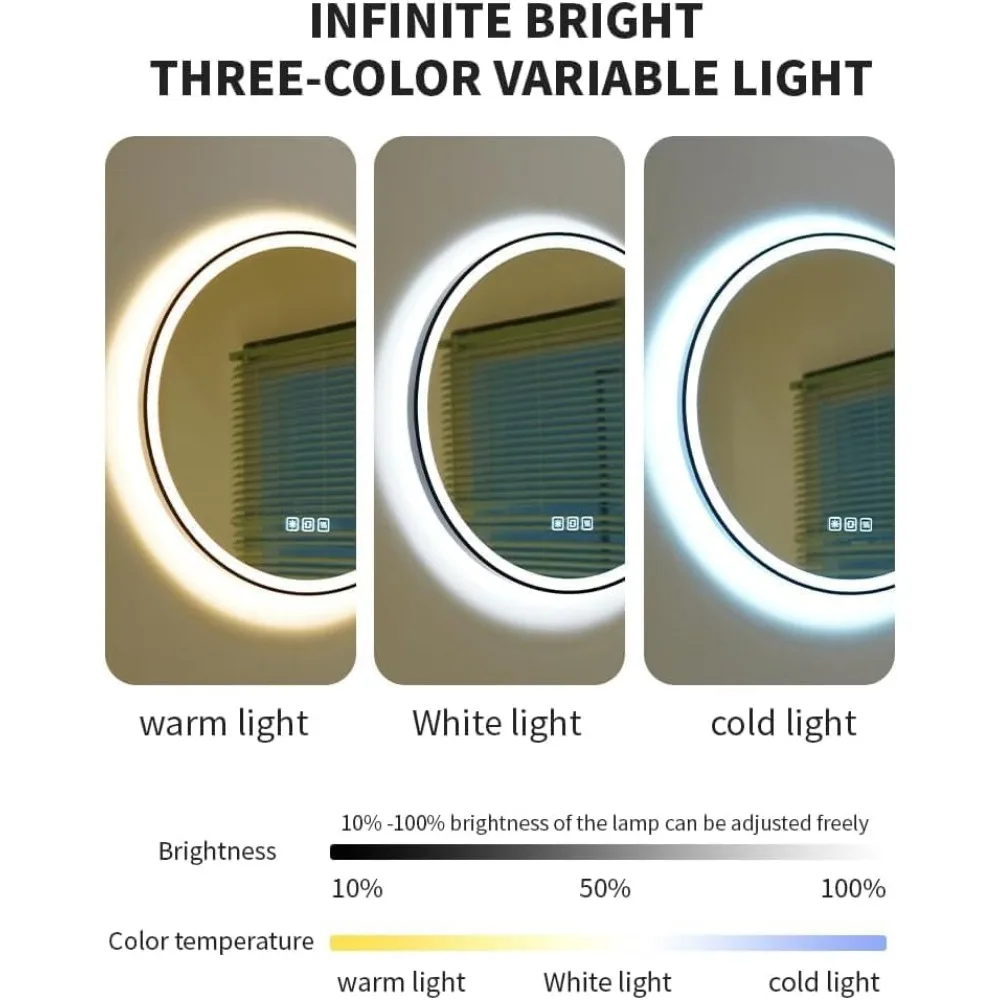 Round 28-inch LED Smart Bathroom Mirror with Circle Lights, Anti-Fog, 3 Colors Dimmable, Front and Backlit, CRI90+