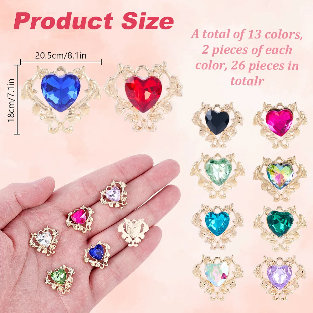 26Pcs Heart Shaped Rhinestone Charms Alloy Love Heart Bead Dangle Pendant Craft Decoration for DIY Earrings Bracelets Necklaces