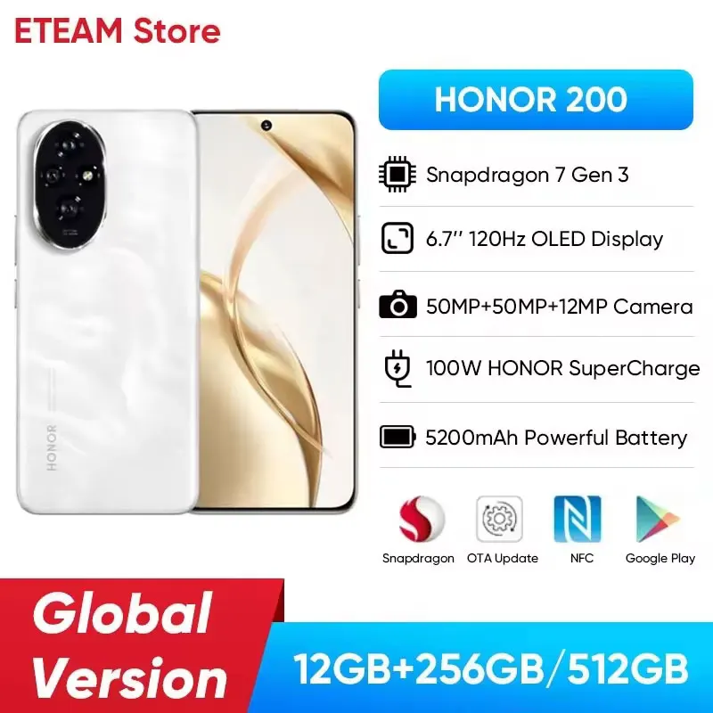 2024 Original HONOR 200 Global Version Snapdragon 7 Gen 3 5G Smartphone 6.7'' AMOLED Display Support HONOR 100W SuperCharge