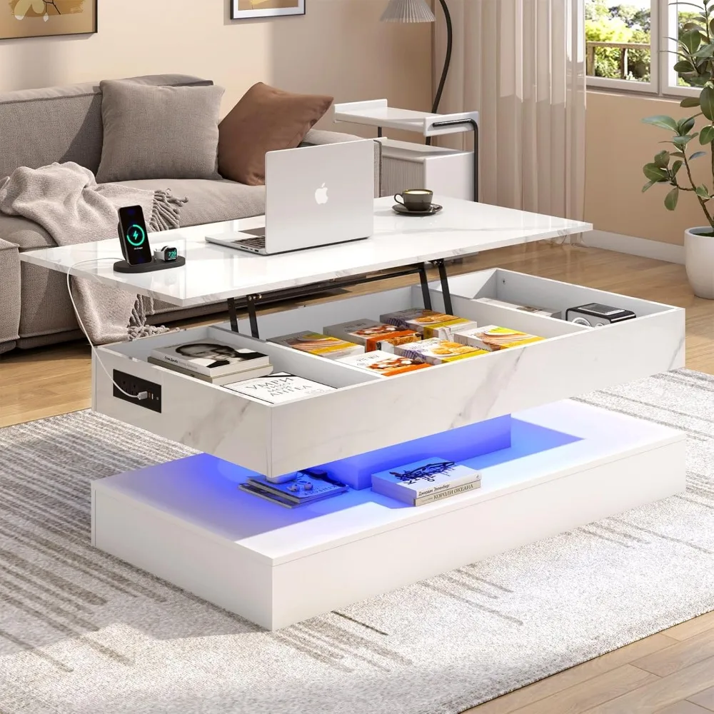 

47.2” Coffee Table, LED with Charging Stake, Hidden Storage Compartment, Elevated Living Room Table, Elevated Coffee Table