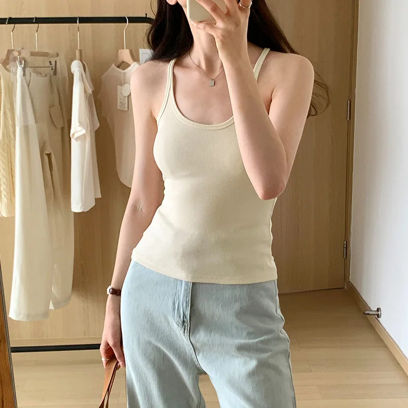 One Piece Dropshipping Spaghetti Strap American Hot Girl Sexy Big U-Neck Thread Sling Women's Slim White Vest Top Summer