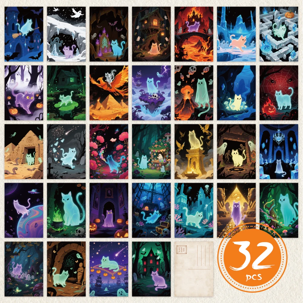 32-teiliges Halloween-Postkarten-Set, Geisterkatzen-Design, hochwertiger Karton, perfektes Geschenk für Heimdekoration und Feiertagsfeiern – Detail 4