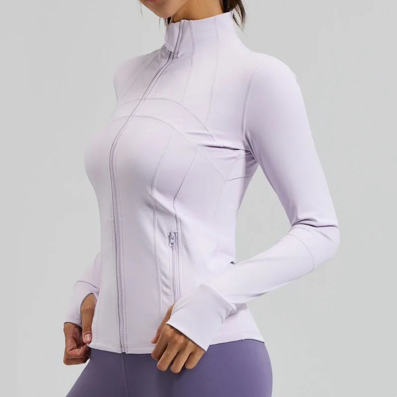 Top da yoga da donna con cerniera intera da palestra con fori per i pollici Giacca da corsa fitness Vestibilità elasticizzata Manica lunga Girocollo Top Abbigliamento sportivo