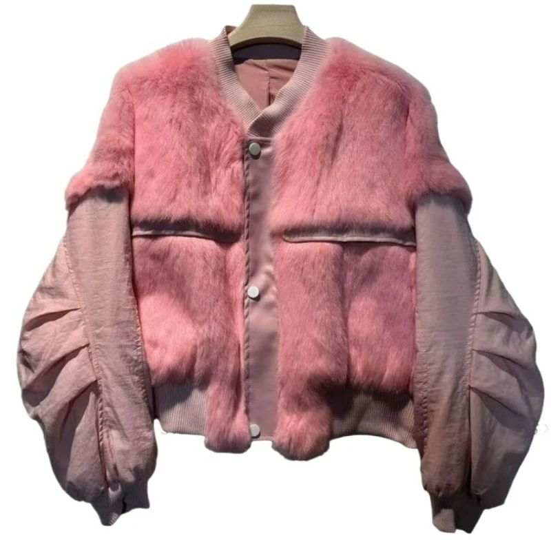 معطف شتاء 2026 جديد عصري بلون الدوبامين غير رسمي على الطراز الغربي معطف شعر أرنب حقيقي مع قطن سميك عصري متعدد الاستخدامات