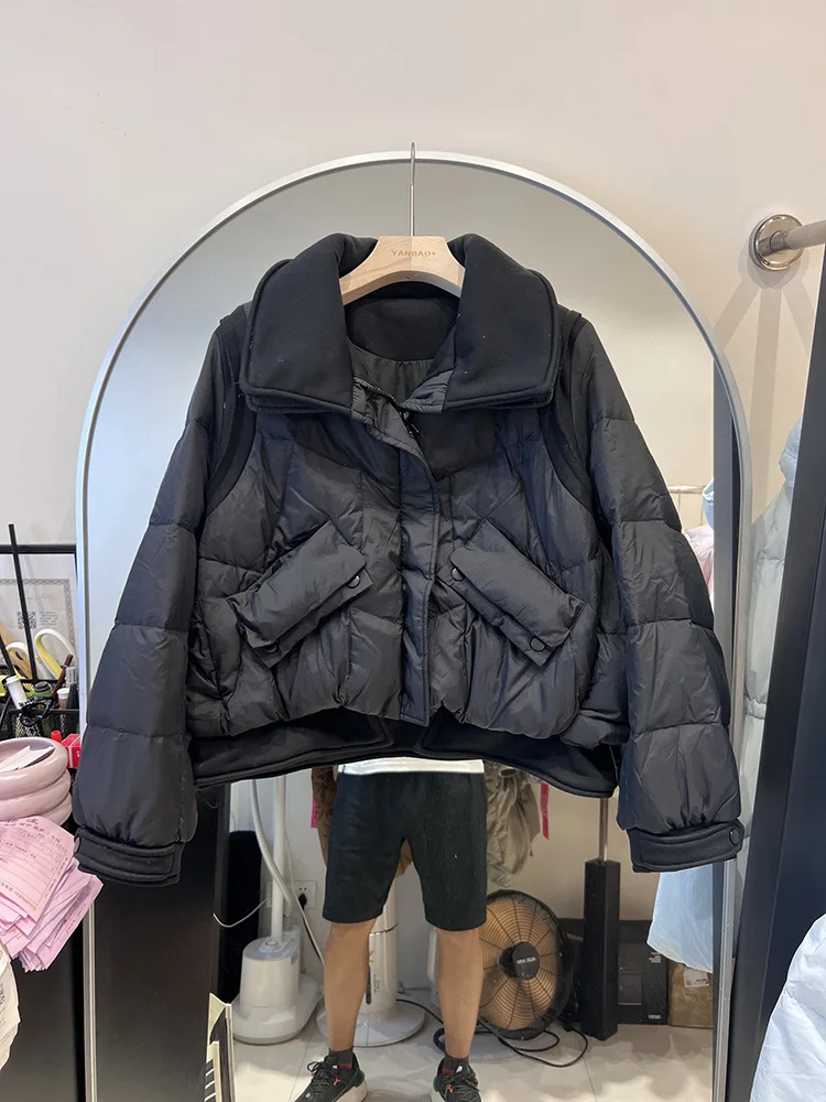 Women's short style fashion lapel collar large pocket white duck down jacket Korean version trend design sense down coat