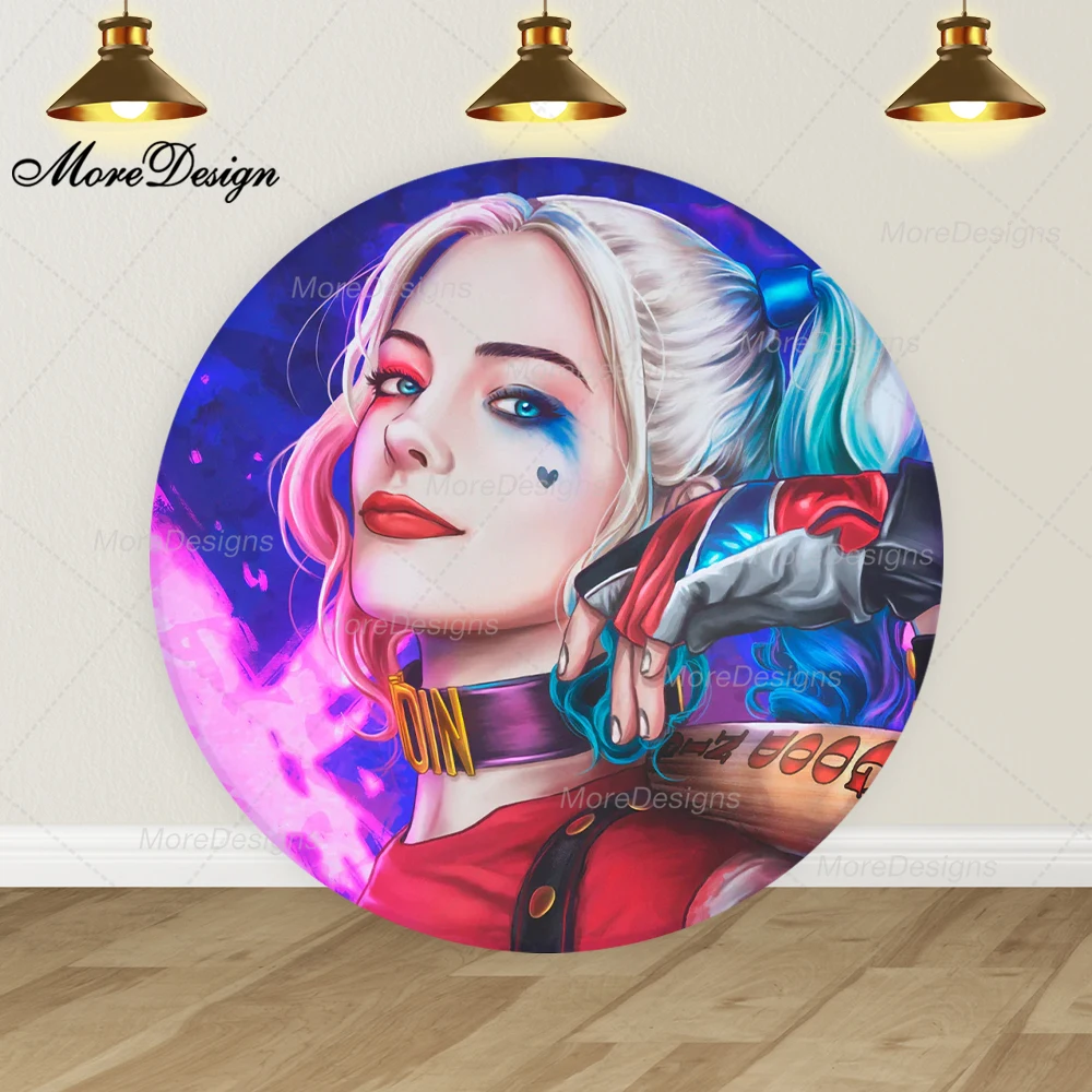 Dc Girl Harley Quinn Round Photo Backdrop Kids Birthday Party Suicide Squad Cylinder Covers Fabric Photography Background