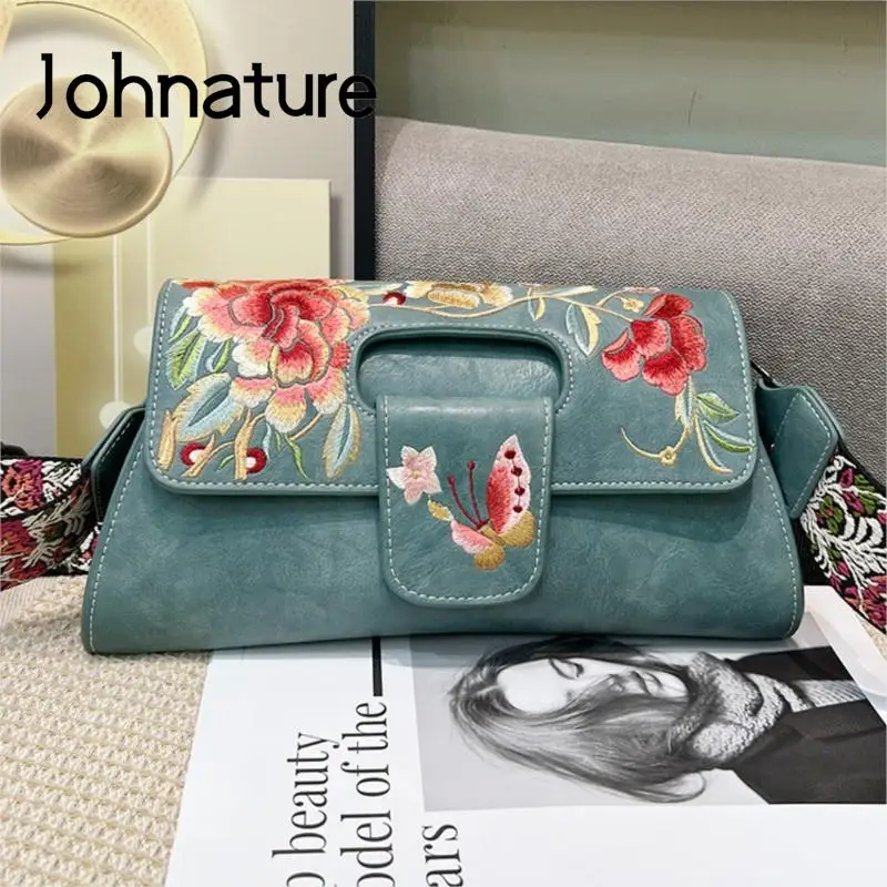 Johnature Vintage Chinese Style Embroidery Women Leather Bag 2024 New Elegant Handbag Versatile Shoulder & Crossbody Bags
