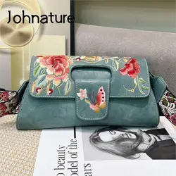 Johnature Vintage Chinese Style Embroidery Women Leather Bag  2024 New Elegant Handbag Versatile Shoulder & Crossbody Bags