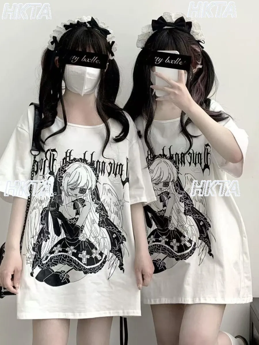 Japanese Subculture Y2k Goth Punk Millennial Two Dimensional Print Tshirt 2026 New Short Sleeved Casual T Shirt White Top Women