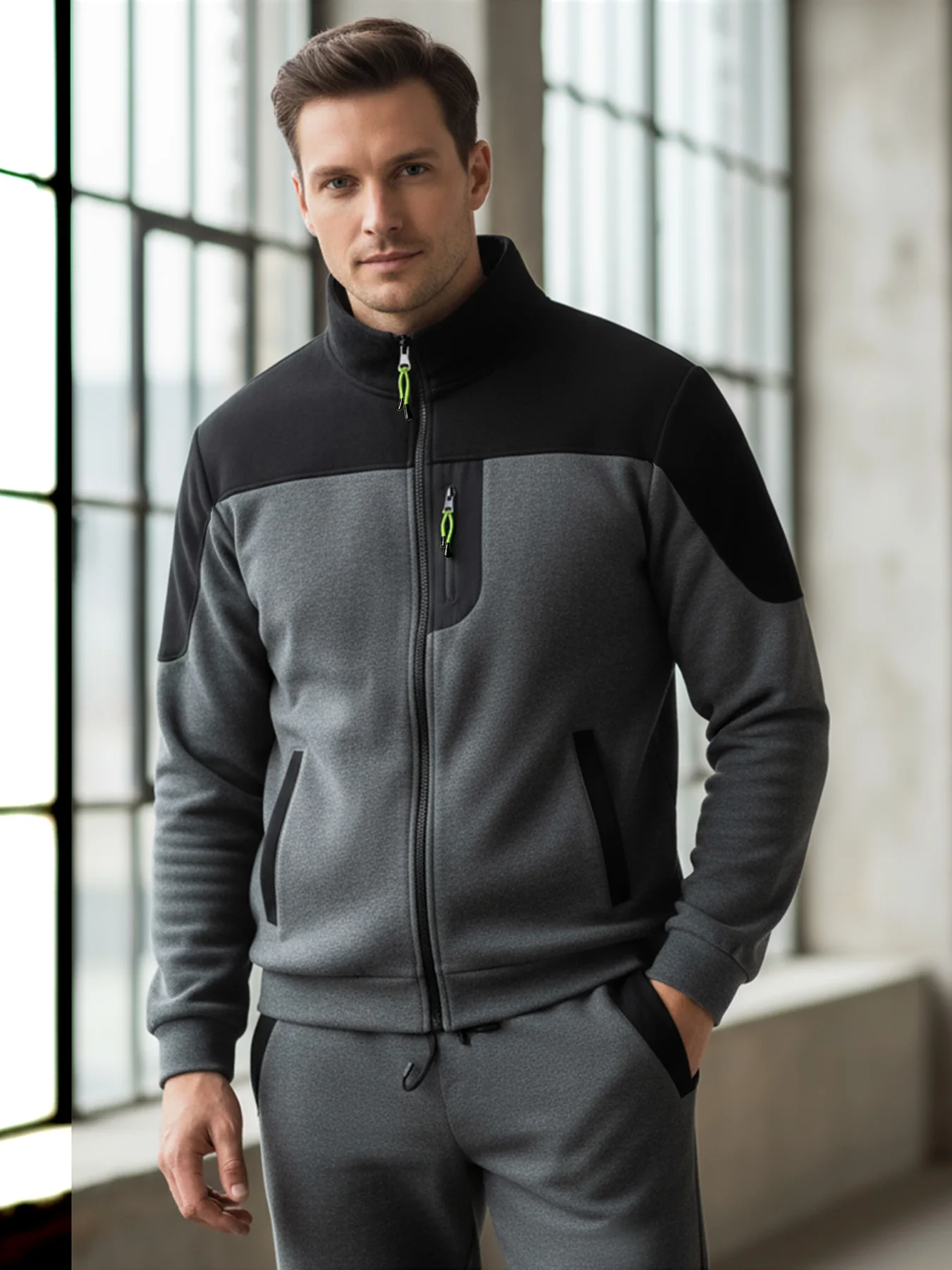 Men's Fleece-Lined Color-Blocked Stand-Collar Sports Jacket Two-Piece Set Drawstring Jogger Pants Casual Sportswear Versatile Set for Fitness, Walking, Commuting, and Home Use - view 3