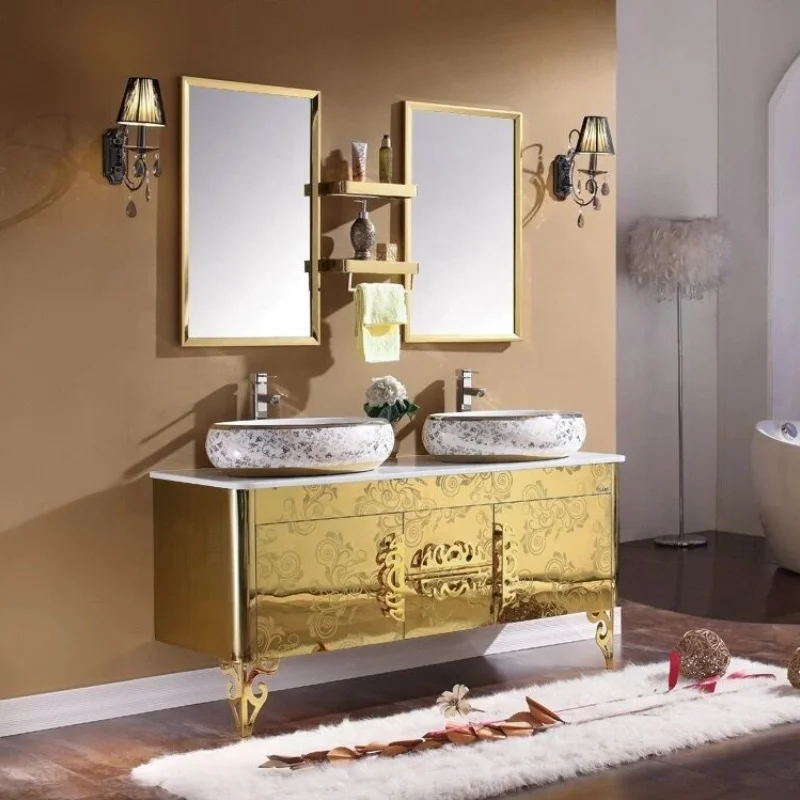 saudi arabia hot sale golden color  double basin  stainless steel bathroom cabinet  vanity