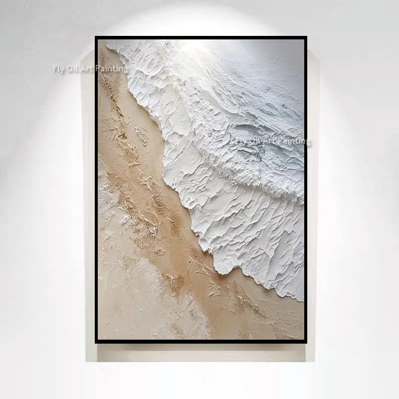 Neutral Coastal Beach Texture Abstract Canvas Hand Painted Sculptural Sea Wave Oil Painting Modern Villa Entrance Art