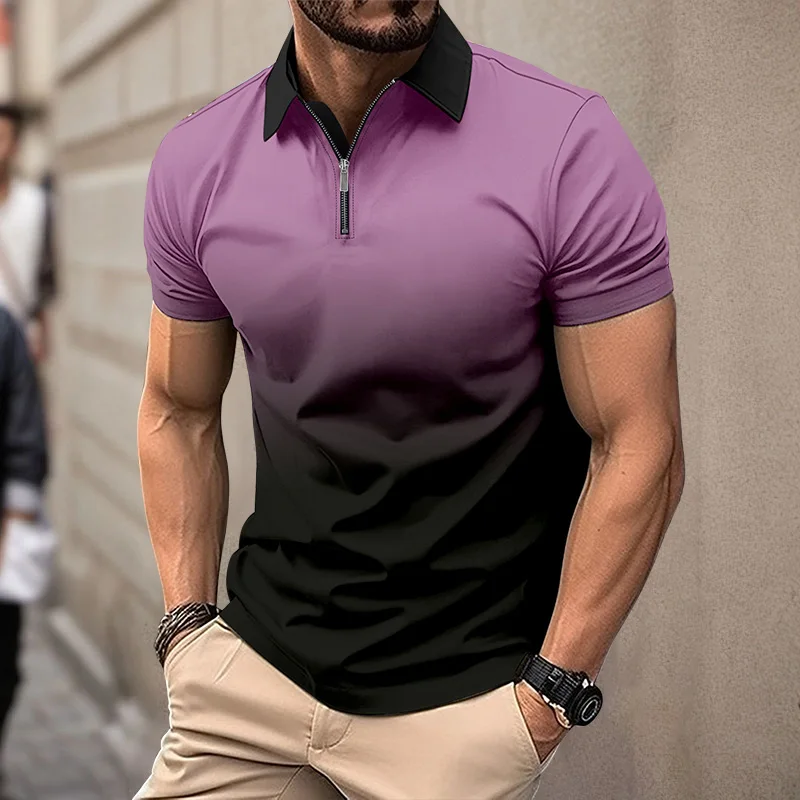 Polo de manga corta de verano para hombre, polo con estampado digital a rayas 3D, camisa informal de negocios con solapa y cremallera, top con