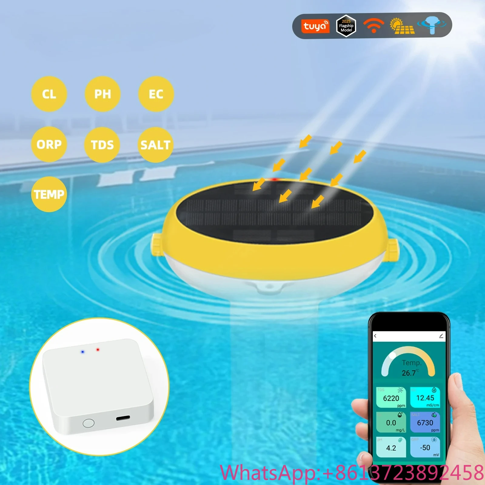 

Flagship Model Smart Pool Chlorine Monitor WiFi 7-In-1 PH ORP TDS EC Salt Temp Chlorine Tester Solar Floating For Swimming Spas