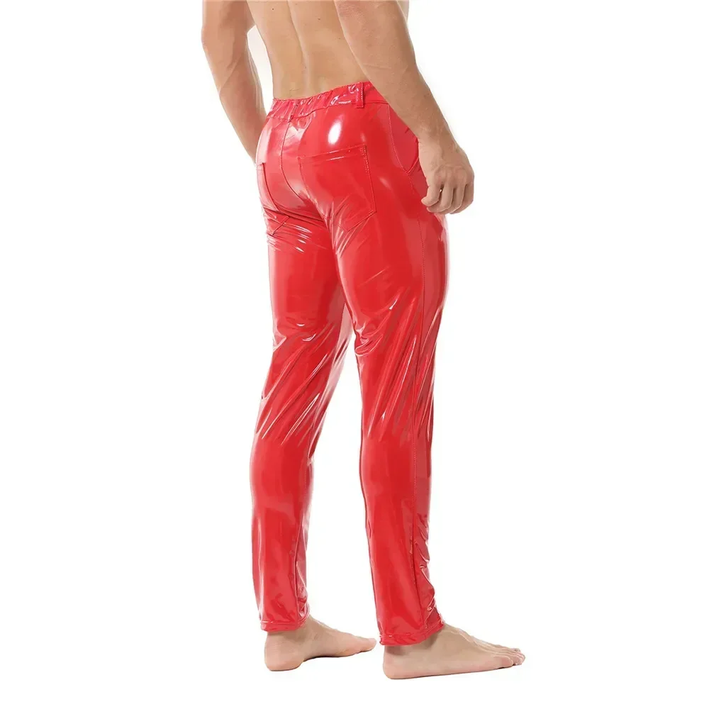 

Fashion Men Skinny PVC Leather Solid Color Pants Shiny Wet Look Trousers Nightclub Wear Stage Singers Dancer Performance Costume