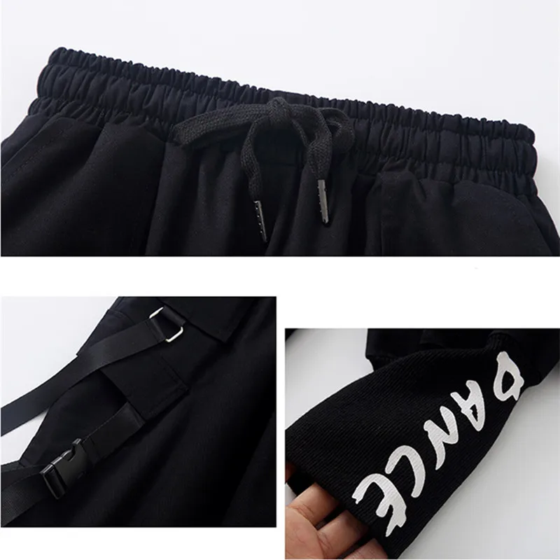 Kids Cargo Pants for Boy Fashion Black Harem Pants Multi Pockets Joggers Trousers with Chain Elastic Waist Streetwear Sweatpants