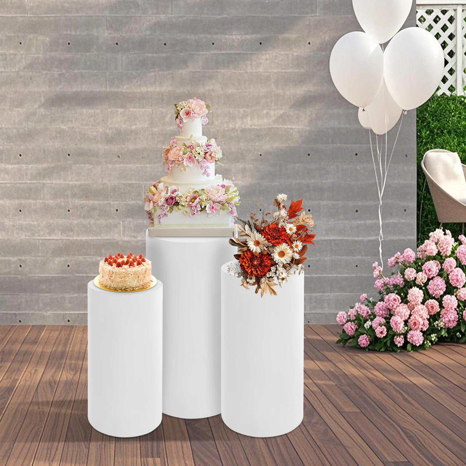 

3Pcs White Cylinder Display Stand Metal Round Pedestal Cake Table Wedding Centerpiece for Party Event Birthday Decor