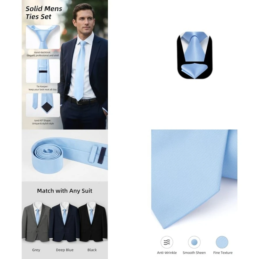 

Mens Ties Solid Color Ties for Men Formal Necktie with Pocket Square Set Satin Silk Neck Tie Handkerchiefs Set, C-blue Bright