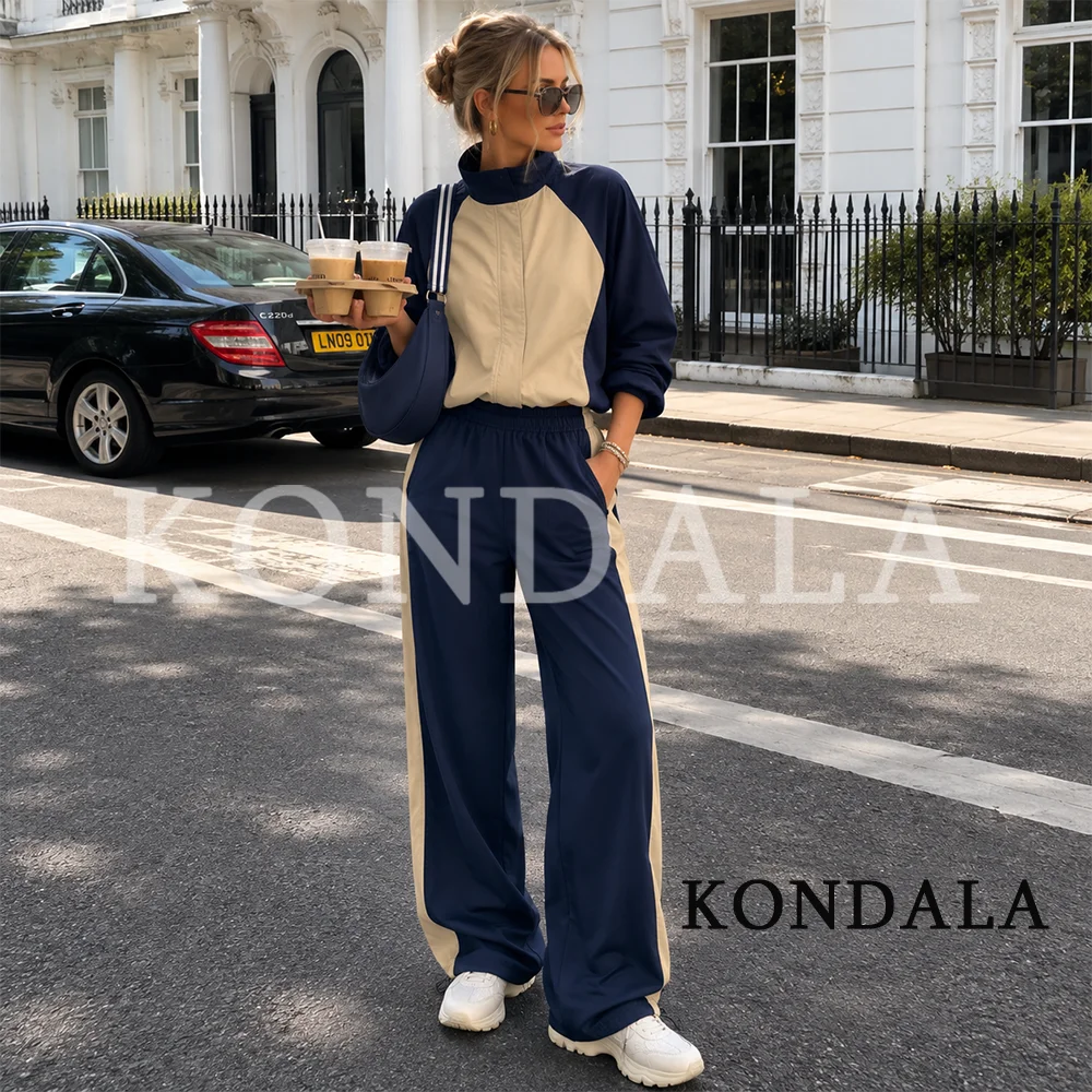 KONDALA Women Elegant Sports Style Suit New 2026 Summer Early Fall Trendy Casual Trousers Set Zip-up Jacket, Elastic Waist Pants