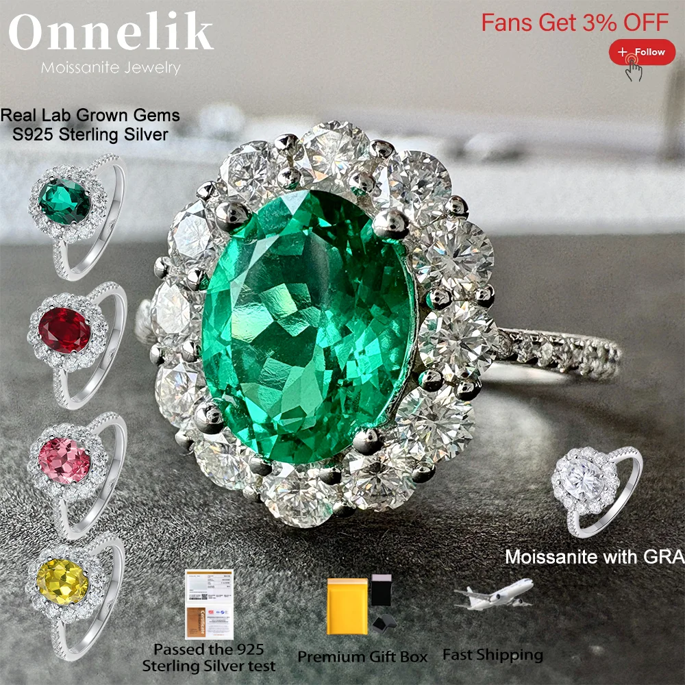 Onnelik 2CT Oval Cut Moissanite S925 Sterling Silver Diamond Rings Lab Grown Columbia Emerald Papalacha Rings for Women Jewelry