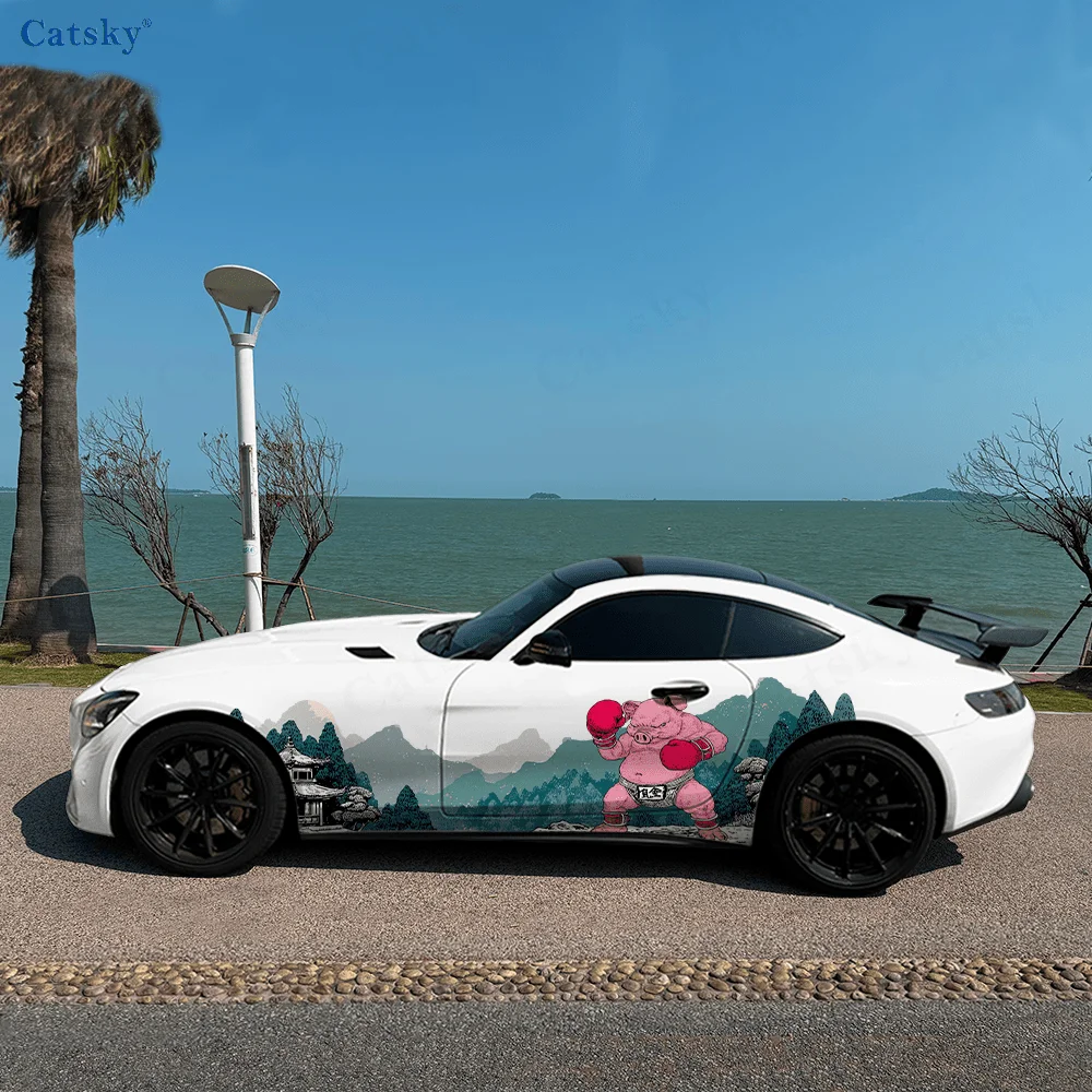 Boxing Pig Mountain Forest Car Vinyl Wraps Decal Self-adhesive PVC Sticker Suitable for Trucks SUV Decor Auto Accessories Gift