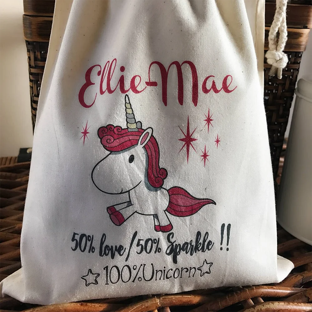 30x40cm Cotton Personalised Unicorn Birthday Gift Bag Drawstring Bag Custom Birthday Gift for Kids Boys Girls Party Supplies