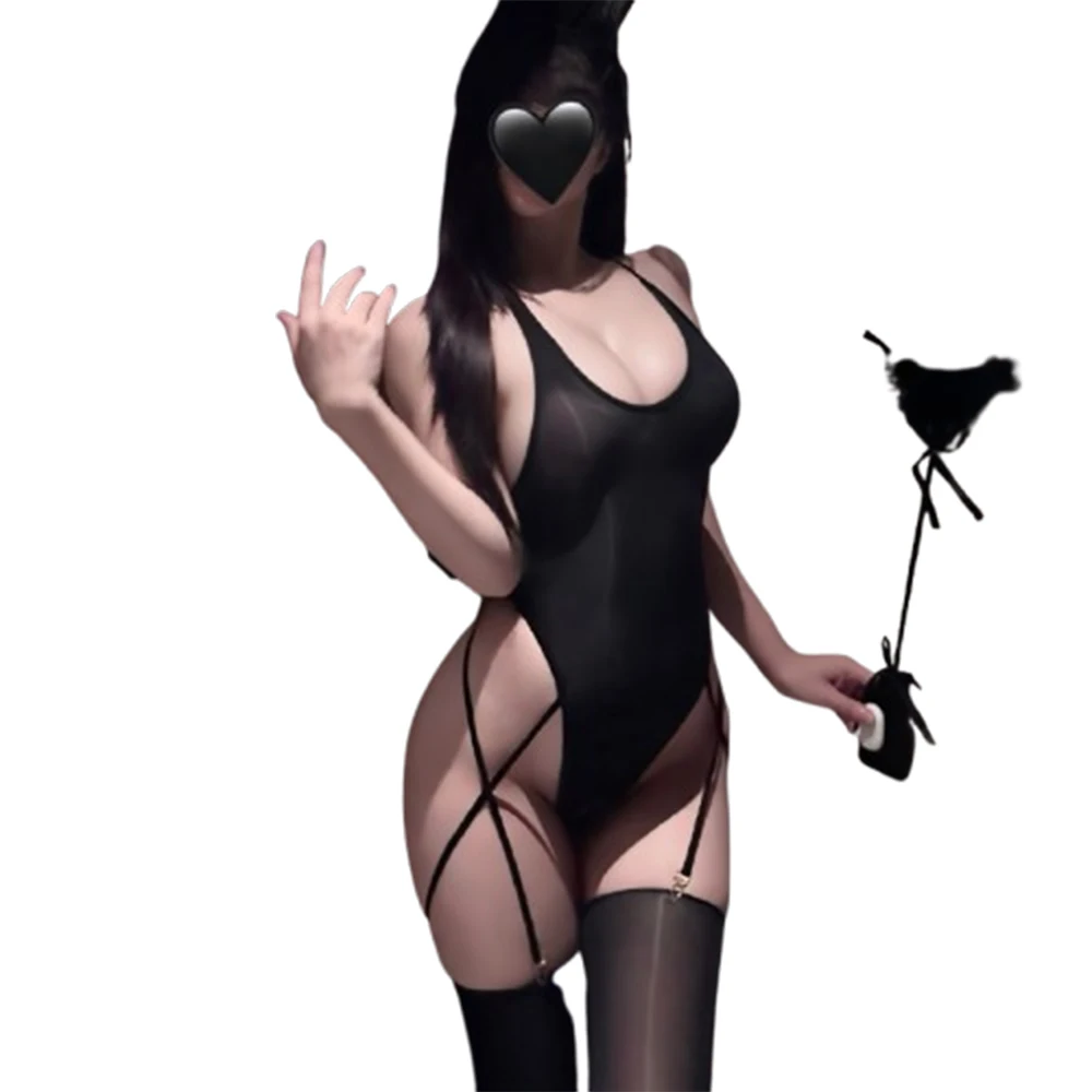 Sexy Seductive Women Erotic Deep V High elasticity shiny     Lingerie Solid Color Bodysuit Crotchless Sheer Open-Crotch Pajamas