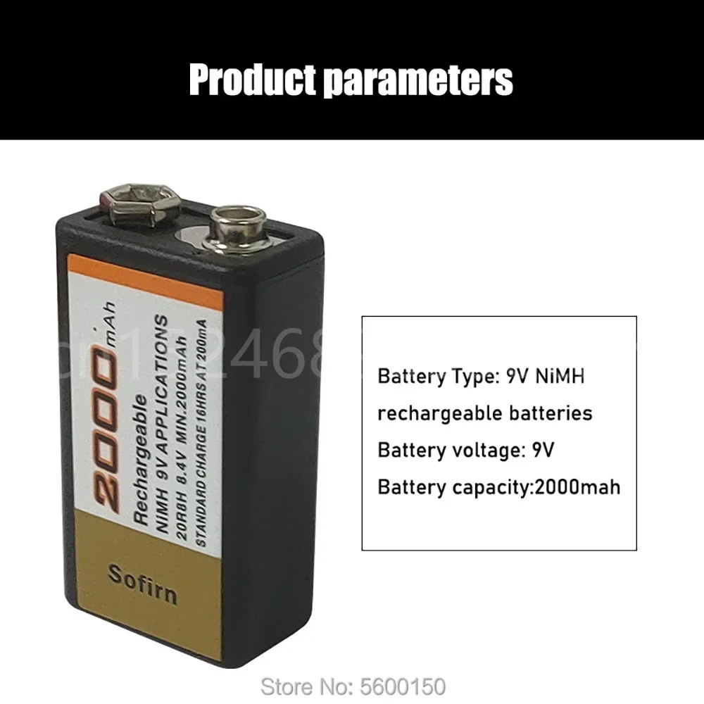 100% 오리지널 Sofirn 충전식 Ni-MH Nimh 배터리, 마이크 인터폰 연기 경보 자동차 완구용, 9V 2000MAh