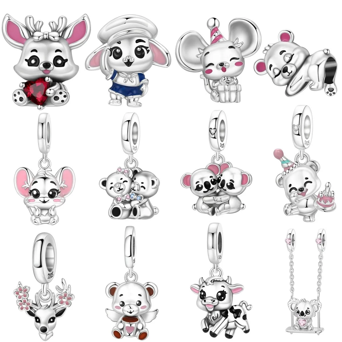 MISEFF S925 Sterling Silver Charm Cute Animals Pink Bear Koala Deer Pendant Fit Original Bracelet DIY Jewelry Making Women Gift