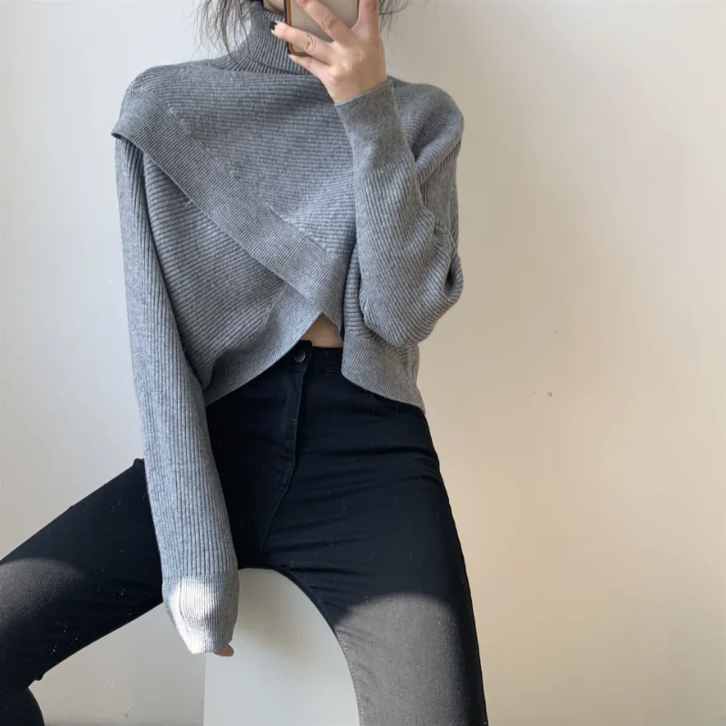 Matakawa Irregular Solid Women Sweaters Korean Fashion Chic Vintage Short Vests Autumn Winter Loose Casual Basics Pullovers