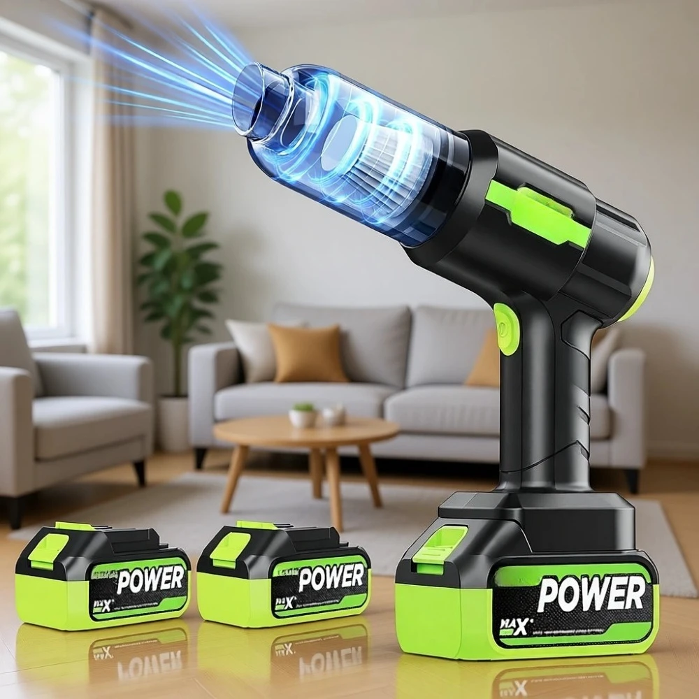 

Беспроводной ручной пылесос 2-в-1 с мощным всасыванием 50000PA и функцией воздуходувки для автомобиля, дома, офиса, шерсти животных, с двумя аккумуляторами