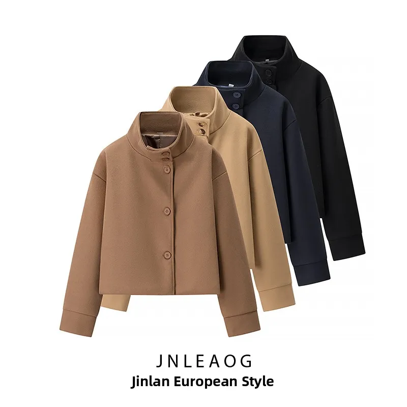 

JNLEAOG Faionable Autumn New Women's Woolen Coat Stand Collar Single Button Long Sve ort Length Pure Color Commute Sle