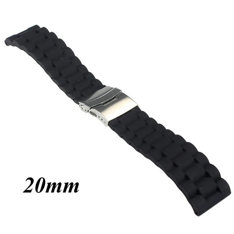 Black Silicone Rubber Watch Strap Band Deployment Buckle Waterproof 20mm 22mm