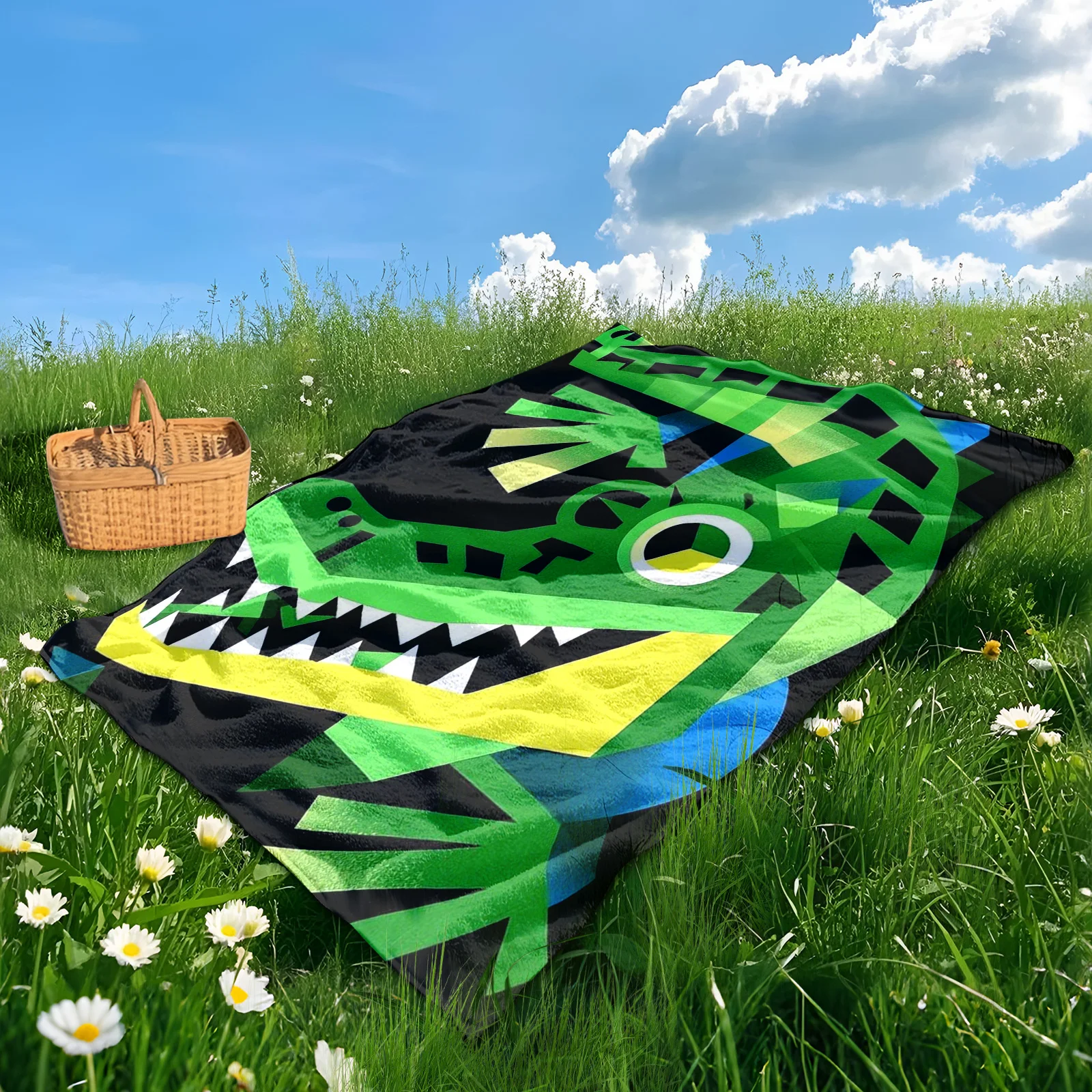 Crocodile Inspired Flat Geometric Pattern Blanket With Gradient Design For Outdoor Use Durable And Stylish For Picnics Camping