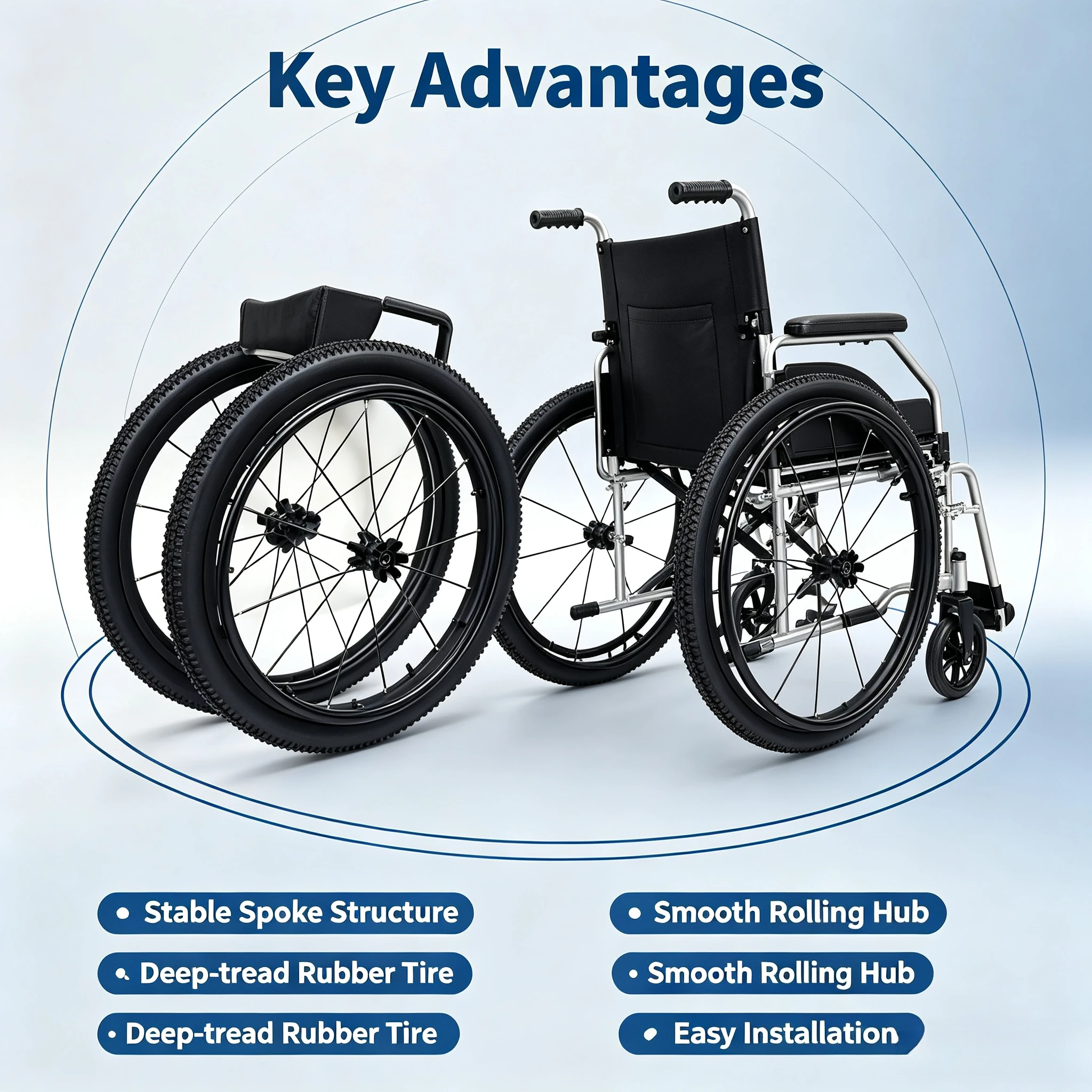 24 Inch Shock Absorbing Pneumatic Rear Wheels for Sports Wheelchair, Universal Large Off-Road Replacement Wheel Set Including