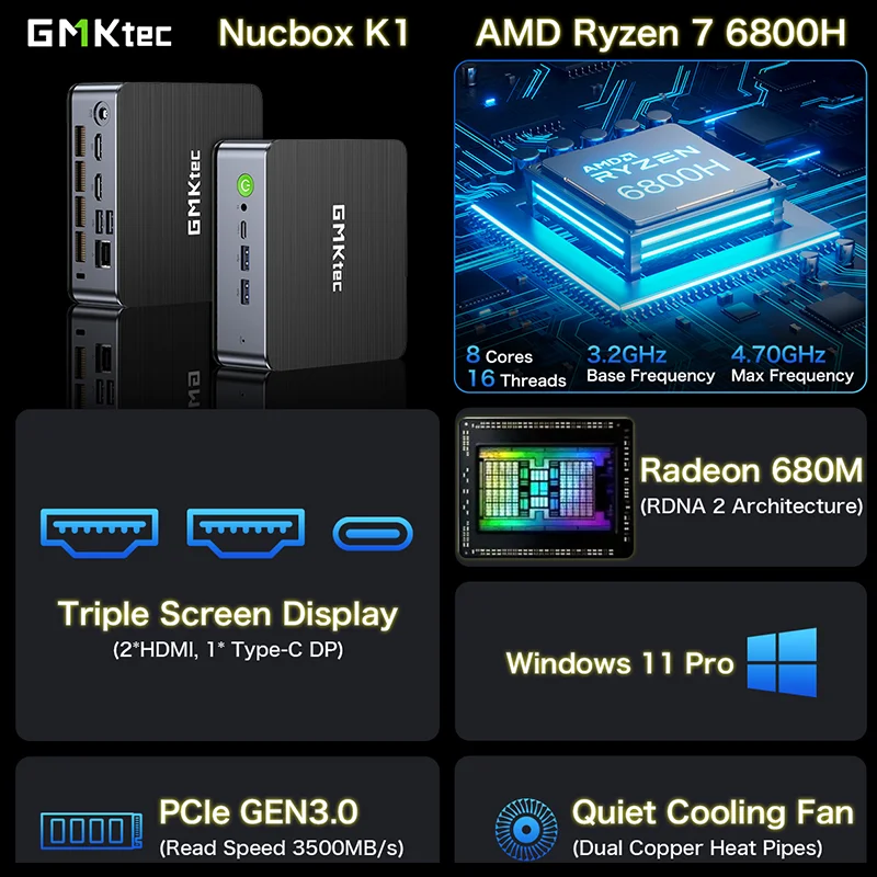 GMKtec NucBox K1 AMD Ryzen 7 6800H بدون ذاكرة وصول عشوائي/SSD كمبيوتر صغير NVMe(PCIe3.0 M.2) نافذة 11 Pro WiFi6E BT5.2 كمبيوتر صغير USB3.2 للعبة