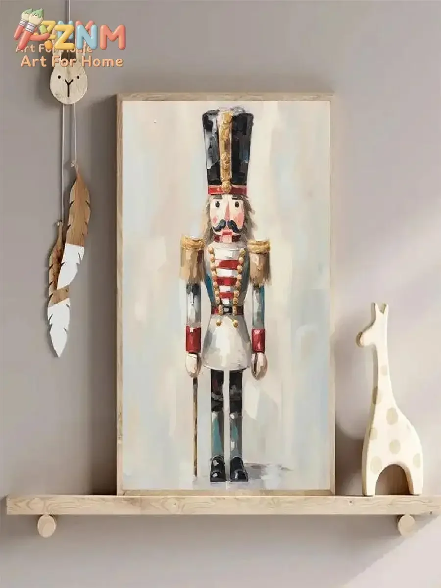 AZNM Frameless Canvas Wall Art, Vintage Painting Style Nutcracker Soldier Print, Classic Christmas Wooden Toy Illustration P