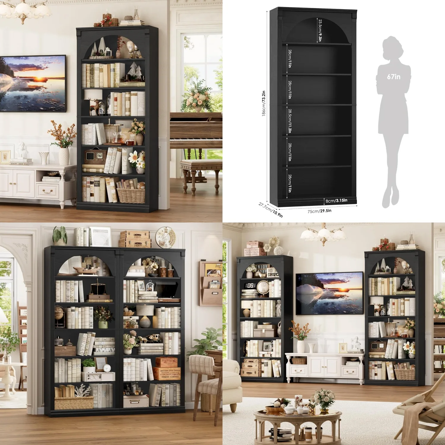 

73" Arched Tall Bookcase 6 Tier Open Shelf Media CD DVD Cabinet Wood Living Room Home Office Customized