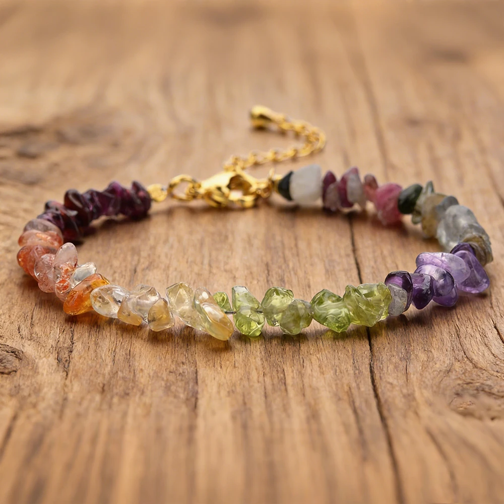 Bohemian Natural Mixed Gemstone Garnet Tourmaline Labradorite Sunstone Citrine Amethyst Peridot Chips Chakra Bracelets for Women