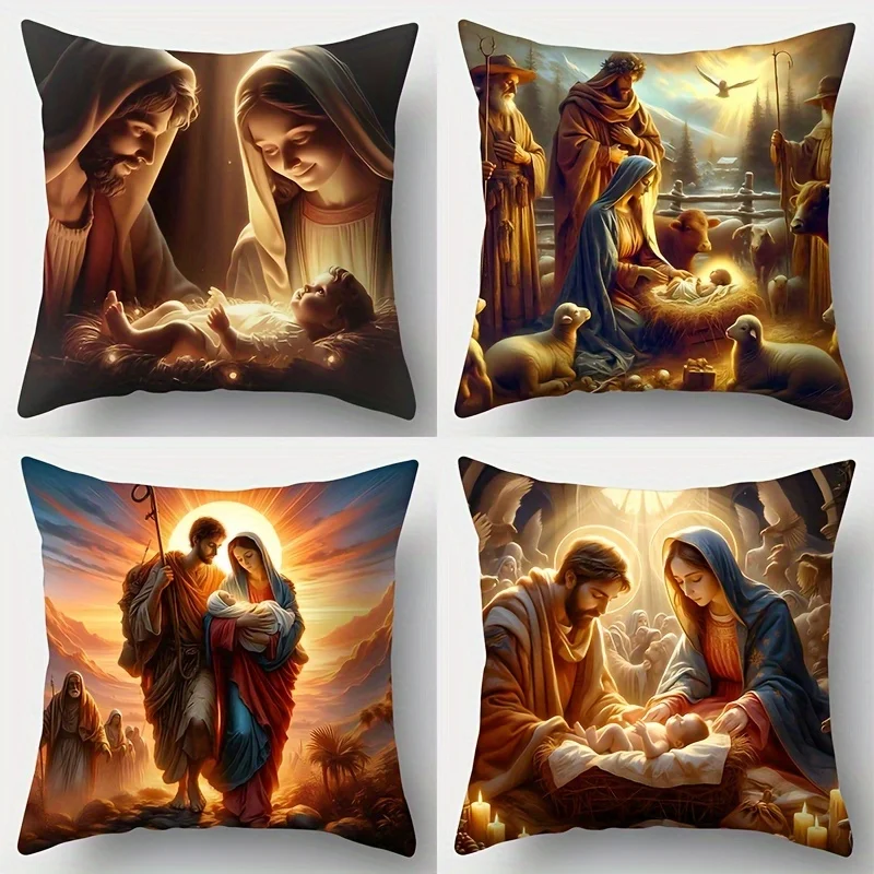 1pc Classic Nativity Scene Pillow Case - Heartwarming Design Featuring Jesus, Ox and Sheep,Perfect for Living Room Sofa Decor