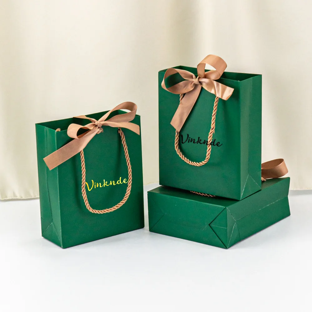 Nuevo bolso de mano con cierre de cinta para regalo, dulces, Perfume, compras, tienda minorista, ropa, bolsa de papel verde, venta al por mayor, bolso de mano con logotipo personalizado