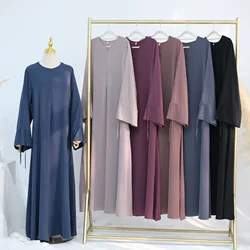 Regular-Fit Casual Abaya Muslim Long Women Dress-Round Neck with Zip Front, Wide Sleeve with Drawstring, Ramadan Islamic Clothes
