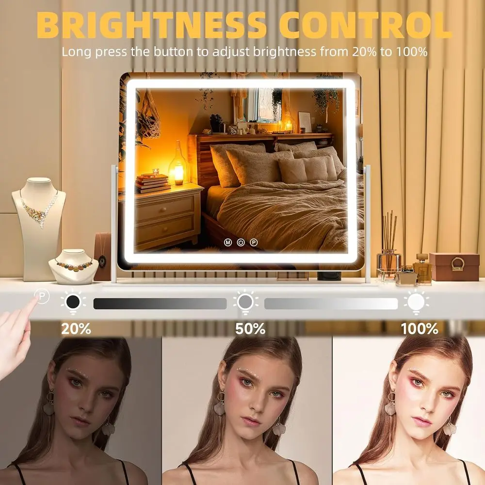 25.6 x 22cm LEDライト付きメイクアップミラー、3色オプションのタッチスクリーン、化粧台用調光機能付き