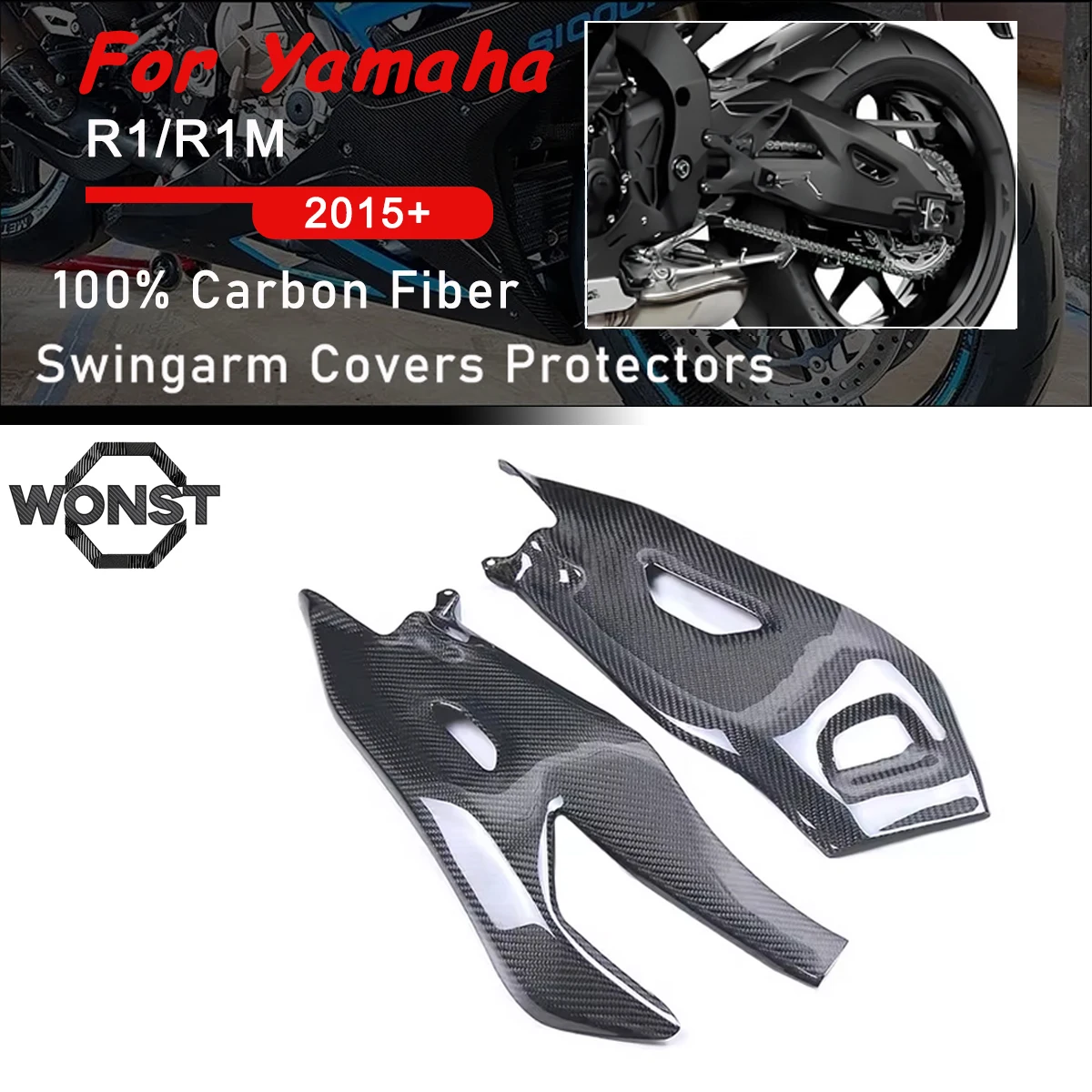 Full Carbon Fiber Swing Arm Covers Side Panels Protectors For YAMAHA YZF R1 R1M YZF-R1 2015-2024 YZFR1 Motorcycle Swingarm Guard