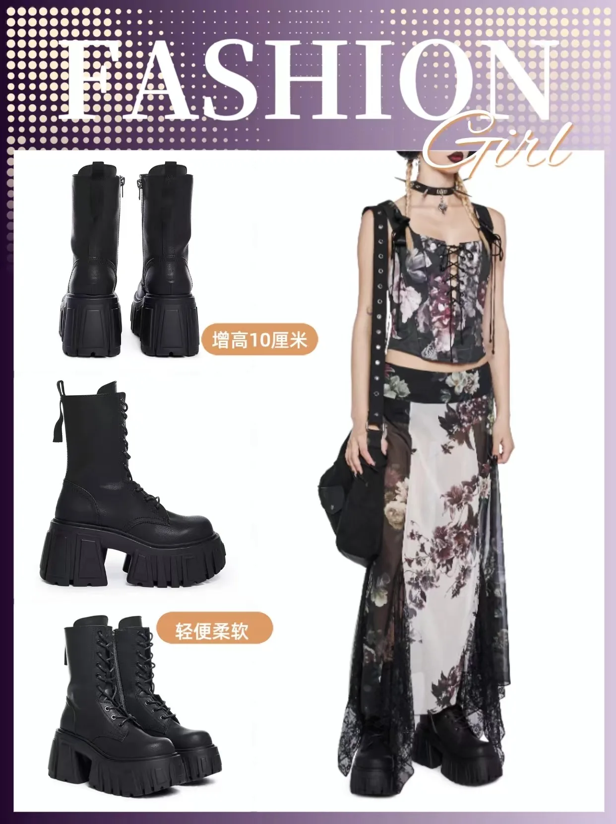 Damen Halbschaft Plateau Stiefel Mittelhoher Blockabsatz Chunky Schnürstiefel mit Seitlichem Reißverschluss Biker Punk Gothic Boots 2026 – Detail 6