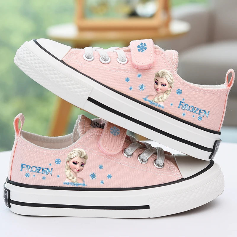 Disney Cartoon Kids Mickey Frozen Elsa and Anna Princess Canvas Shoes Girls Boys Minnie Shoelace Soft Casual Shoes Size 24-37