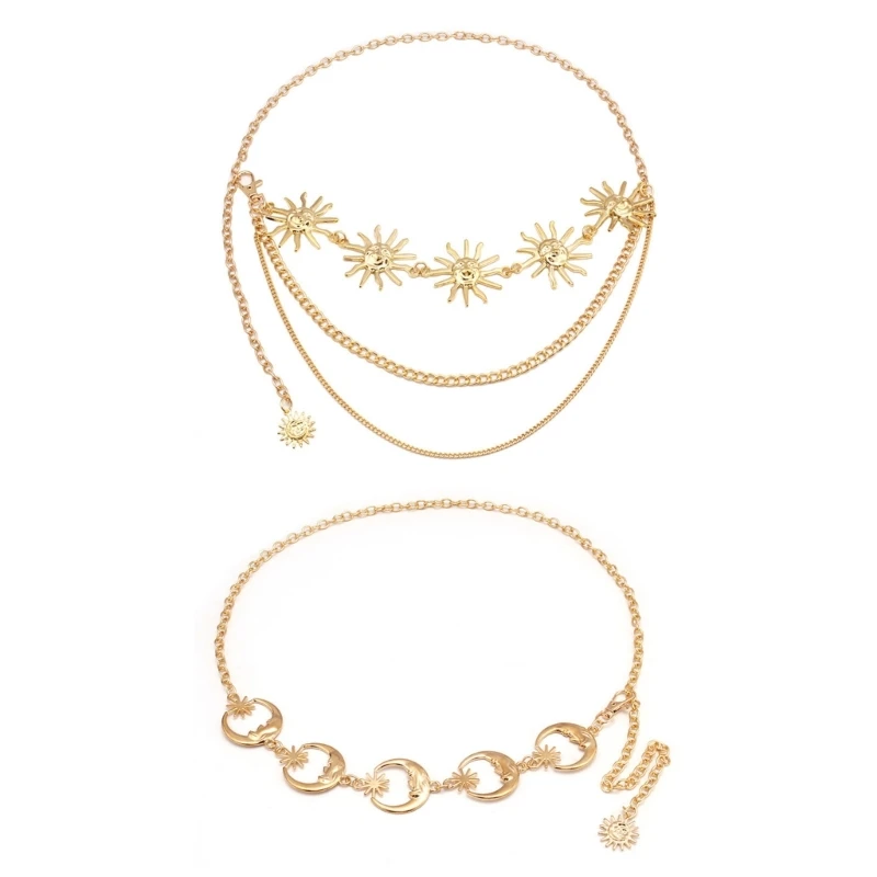 50JB Trendy Sun/Moon Charm Body Chain Eye Catching Waistband Adjustable Length Metal Waist Belt Jewelry for Party Wear