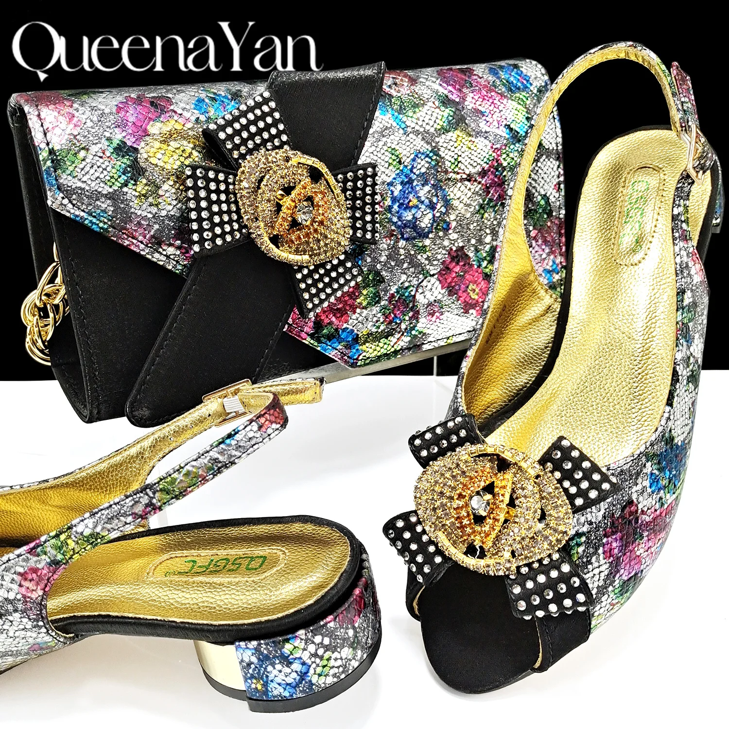 Glamour Fashion Elegant Open Toe Shoes and Bags Set Printed Fabric Bright Diamond Buckle Decoration Women's Shoes